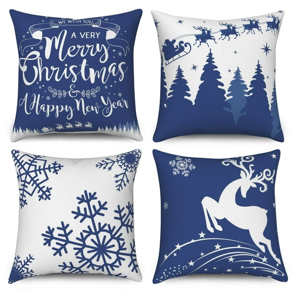 Blue Christmas Throw Pillow Cover Set of 4,Winter Snowflake Pillowcase for Living Room Home Decor,18x18