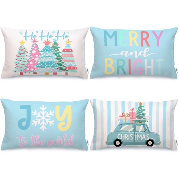 Blue Christmas Throw Pillow Covers 12 x 20 Inch Set of 4, Xmas Trees Truck Merry and Bright Striped Holiday Farmhouse Decorative Cushion Cases for Home Decoration G597-12