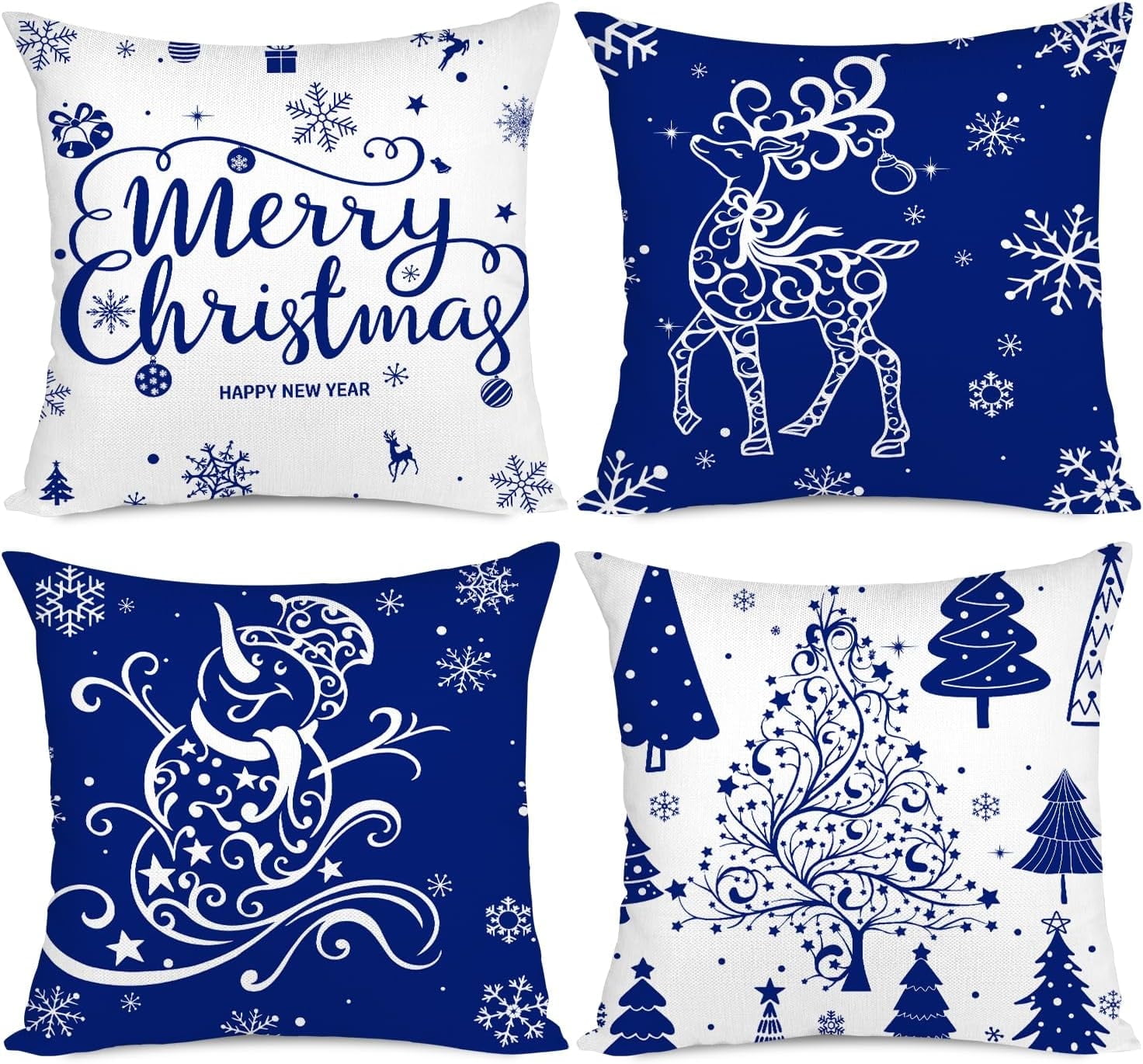 Blue Christmas Throw Pillow Covers 20x20 Set of 4 Christmas Decoration Trees Deer Snowman Merry Christmas Decorative Holiday Farmhouse Pillow Covers for Holiday Christmas Decoration