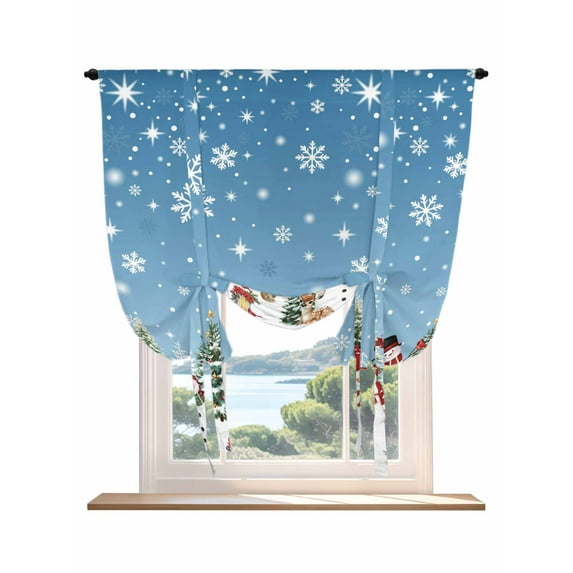 Blue Christmas Tie Up Curtains for Windows 63 Inch Length Balloon Curtains Kitchen Adjustable Balloon Window Shade Snowman Xmas Tree Snowflake Winter Tie Up Valance Bathroom Curtain Window 42"x63"