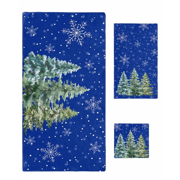 Blue Christmas Tree Bath Towels for Bathroom Set,Luxury Microfiber Towels Gifts for Women,Quick Dry Beach Kitchen Hand Hair Face Towel and Dish Washcloth,Xmas Trees Snowflake Winter Yoga Towels+Set