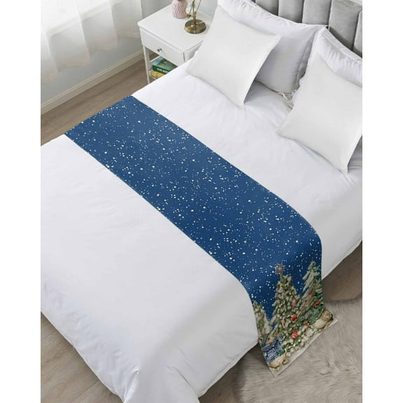 Blue Christmas Tree Bed Runner for King Size Bed, Xmas Tree Snowflake Bunny Bedspread Protector Slipcover Bed Scarf for Foot Bed Runners & Scarves for Bedroom Hotel Wedding Room 102x20 Inches