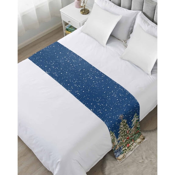 Blue Christmas Tree Bed Runner for Twin Size Bed, Xmas Tree Snowflake Bunny Bedspread Protector Slipcover Bed Scarf for Foot Bed Runners & Scarves for Bedroom Hotel Wedding Room 71x20 Inches