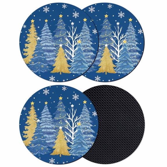 Blue Christmas Tree Coasters Set of 4, Absorbent Coasters for Drinks, Blue Golden Xmas Tree Snowflake Winter Coaster for Desk Coffee Table Protection, Home Decor House Warming Gifts 4"