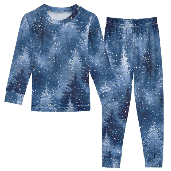 Blue Christmas Tree Forest Cotton Pajama Set Long Sleeve Top and Pants Sleepwear Unisex 4T