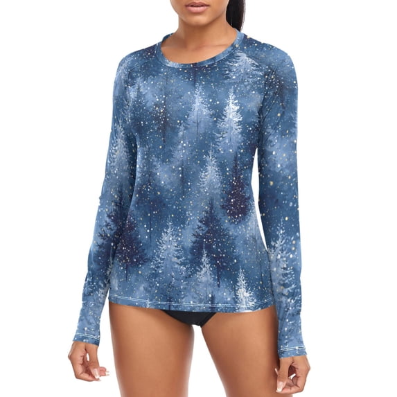 Blue Christmas Tree Forest Women's Rash Guard Shirts UPF 50+ Sun ...