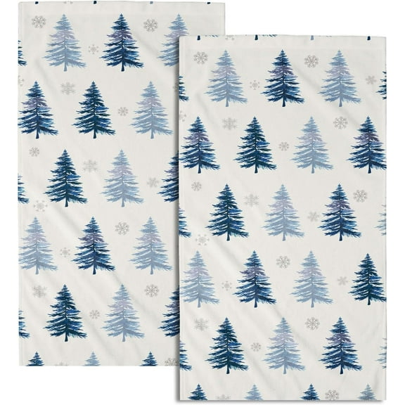 Blue Christmas Tree Hand Towels Set of 2 Winter Theme Tree and Snowflake Absorbent Kitchen Towels Rustic Xmas Holiday Fingertip Towels for Bathroom Hotel Gym Spa