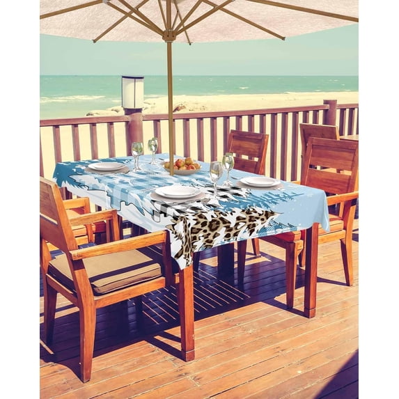 Blue Christmas Tree Outdoor Tablecloth - 60x84 Inch Rectangle Dining Table Cover, Winter Xmas Tree Snowflake Waterproof Outdoor Table Cloth with Umbrella Hole & Zipper for Picnic/Patio