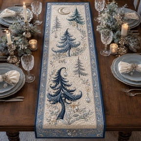 Blue Christmas Tree Quilted Table Runner, Winter Wonderland Dining Decor, Blue Holiday Table Runner, Christmas Home Decor, Winter Gift