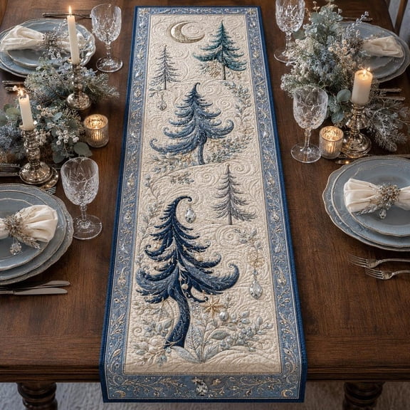 Blue Christmas Tree Quilted Table Runner, Winter Wonderland Dining Decor, Blue Holiday Table Runner, Christmas Home Decor, Winter Gift
