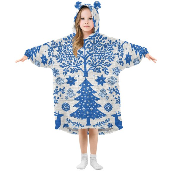 Blue Christmas Tree Reindeer Different Snowflake Flannel Wearable Blankets Hooded Design Long Sleeves Wrap Unisex for 3T-14Y S
