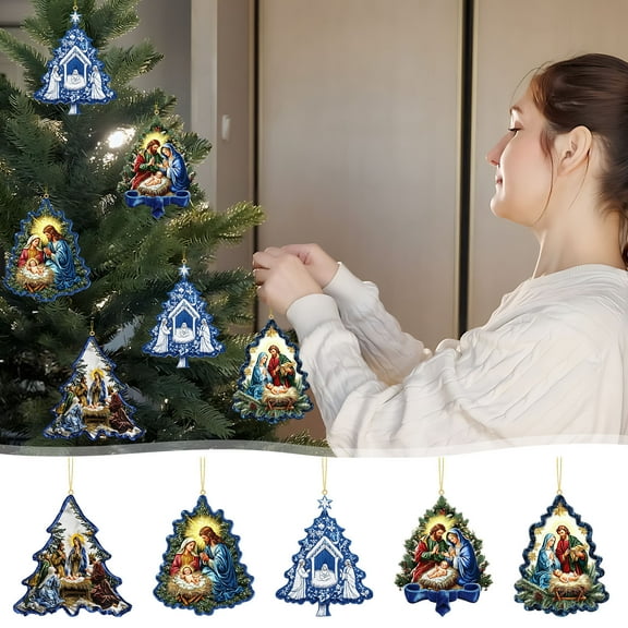 Blue Christmas Tree Shape Nativity Scene Decoration, 2D Flat Memorial Pendant, 3.15 Inch