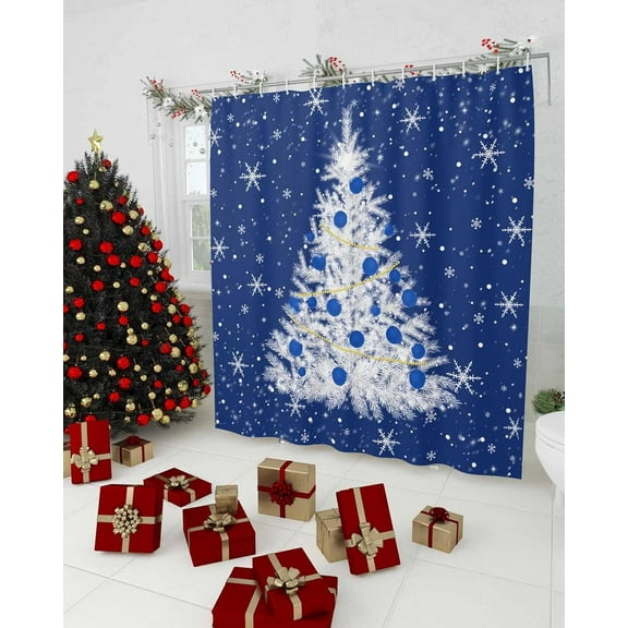 Blue Christmas Tree Shower Curtain, Snowflake Xmas Tree Waterproof Polyester Fabric Winter Bathtub Curtain, Blue Balls Christmas Bathroom Decor Set with Hooks 36 x 72 Inches