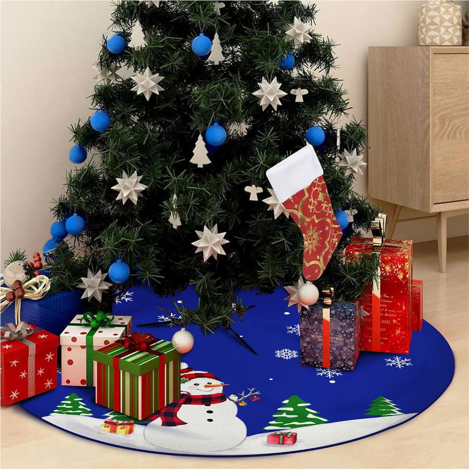Blue Christmas Tree Skirt 48 Inches, Snowman Tree Skirt, Blue Christmas