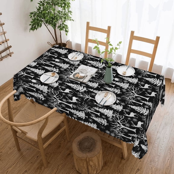 Blue Christmas Tree Snowflake Xmas Deer Elk Black Tablecloth 50x70 Inch, Washable Waterproof Rectangular Table Cover for Party Picnic Dinner Decor