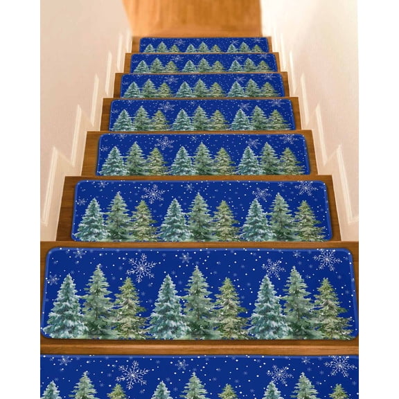 Blue Christmas Tree Stair Treads for Wooden Steps Indoor Runner Rug Carpet, Xmas Trees Snowflake Winter 15 Pieces Peel and Stick Staircase Step Treads Covers Washable Throw Door Mats, 30"x8"