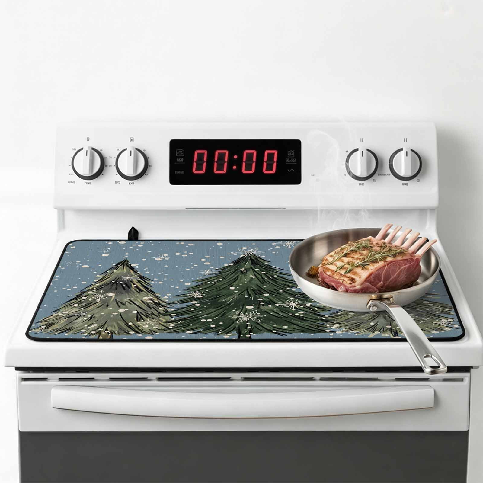 Blue Christmas Tree Stove Top Cover for Electric Stove, Heat-proof & Non Slip Glass Top Stove Cover Protector, Green Xmas Tree Snowflake Kitchen Flat Cooktop Rubber Mat 24x21 Inches