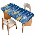 thumbnail image 1 of Blue Christmas Tree Table Cloths for 3 Foot Rectangle Tables, Blue Golden Xmas Tree Snowflake Winter Patio Waterproof Elastic Fitted Tablecloths, Washable Rectangular Table Cover for Camping, 1 of 8