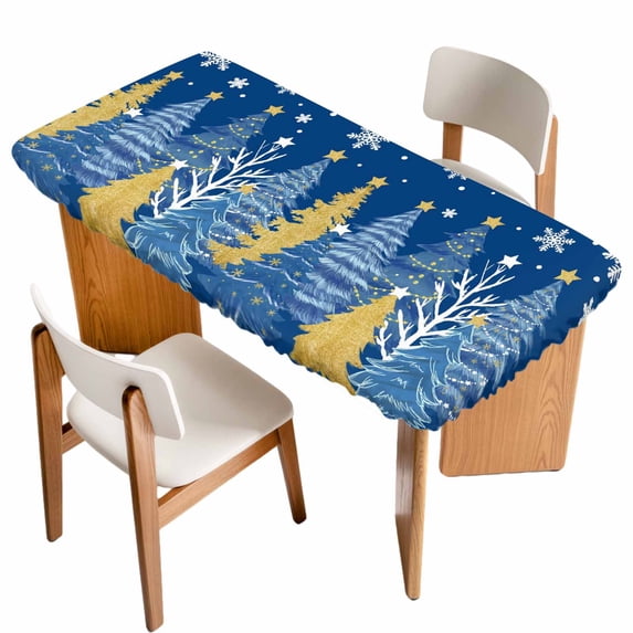Blue Christmas Tree Table Cloths for 3 Foot Rectangle Tables, Blue Golden Xmas Tree Snowflake Winter Patio Waterproof Elastic Fitted Tablecloths, Washable Rectangular Table Cover for Camping