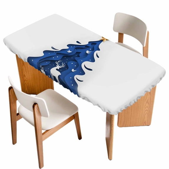 Blue Christmas Tree Table Cloths for 3 Foot Rectangle Tables, Xmas Reindeer Modern Abstract Art Patio Waterproof Elastic Fitted Tablecloths, Washable Rectangular Table Cover for Camping
