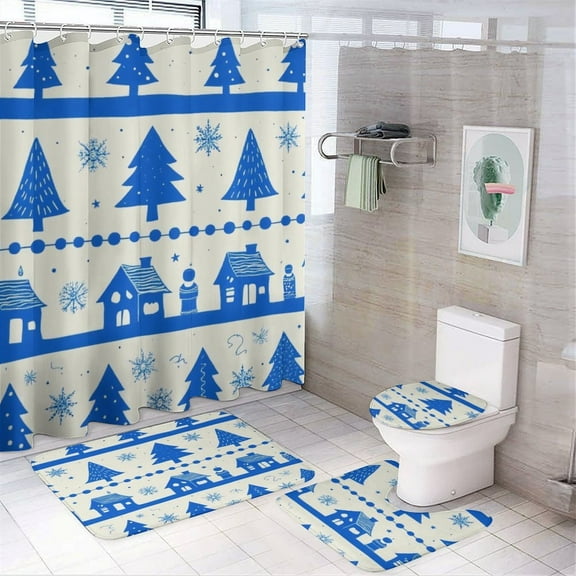 Blue Christmas Trees And Houses Pattern Shower Curtain Set Modern Bathroom Decor Mats 4pcs Fabric Bathroom Curtain Slip Floor Rug Toilet Lid