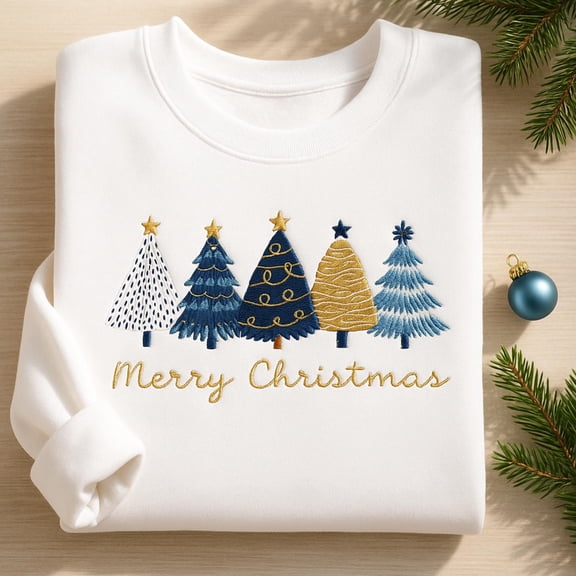 Blue Christmas Trees Embroidered Sweatshirt, Christmas Sweater for Women, Christmas Work Shirt, Christmas Crewneck, Blue Xmas Shirt