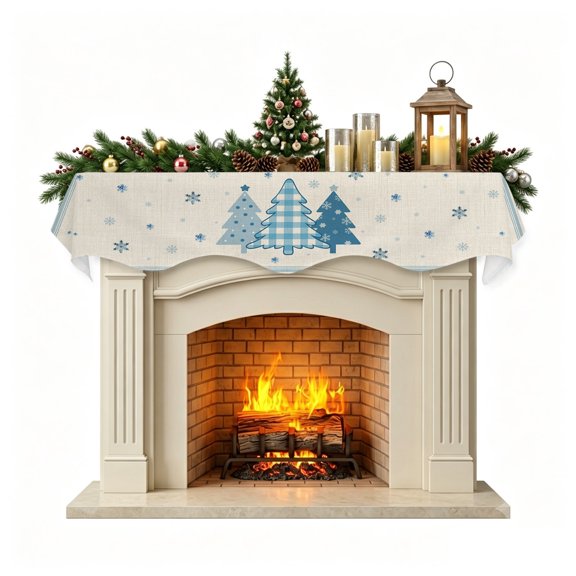 Blue Christmas Trees Mantel Scarf Fireplace Decorations for Living Room, Navy Winter Snowflakes Retro Beige Fireplace Mantel Scarf Cover Runner for Halloween/Thanksgiving/Christmas Decor 60"x17"