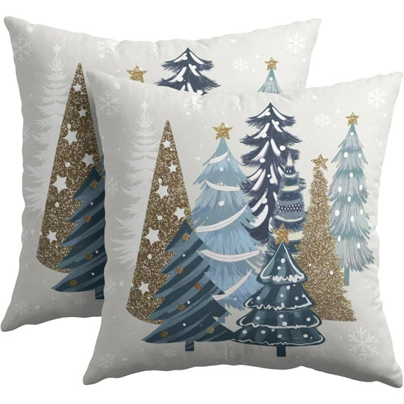Blue Christmas Trees Pillow Covers 16x16 Inches, Set of 2 Xmas Winter Seasonal Snowflakes Pine Tree Cotton Linen Cushion Case Farmhouse Decorative Pillowcase for Home Sofa Couch