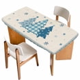 thumbnail image 1 of Blue Christmas Trees Table Cloths for 5 Foot Rectangle Tables, Navy Winter Snowflakes Retro Beige Patio Waterproof Elastic Fitted Tablecloths, Washable Rectangular Table Cover for Camping, 1 of 8