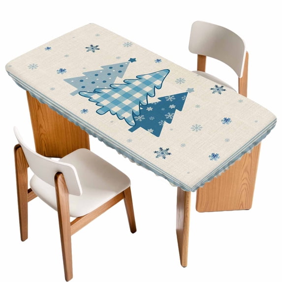 Blue Christmas Trees Table Cloths for 5 Foot Rectangle Tables, Navy Winter Snowflakes Retro Beige Patio Waterproof Elastic Fitted Tablecloths, Washable Rectangular Table Cover for Camping