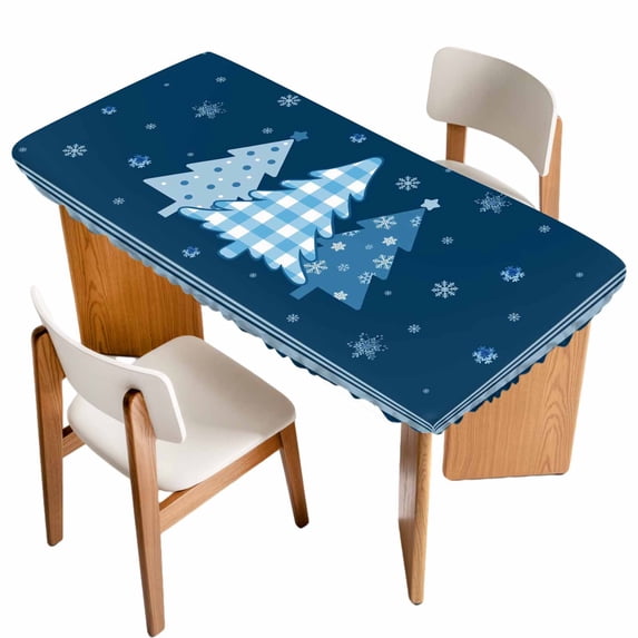 Blue Christmas Trees Table Cloths for 5 Foot Rectangle Tables, Navy Winter Snowflakes Retro Plaid Patio Waterproof Elastic Fitted Tablecloths, Washable Rectangular Table Cover for Camping