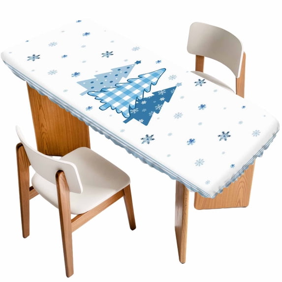 Blue Christmas Trees Table Cloths for 8 Foot Rectangle Tables, Navy Winter Snowflakes Checkered Patio Waterproof Elastic Fitted Tablecloths, Washable Rectangular Table Cover for Camping