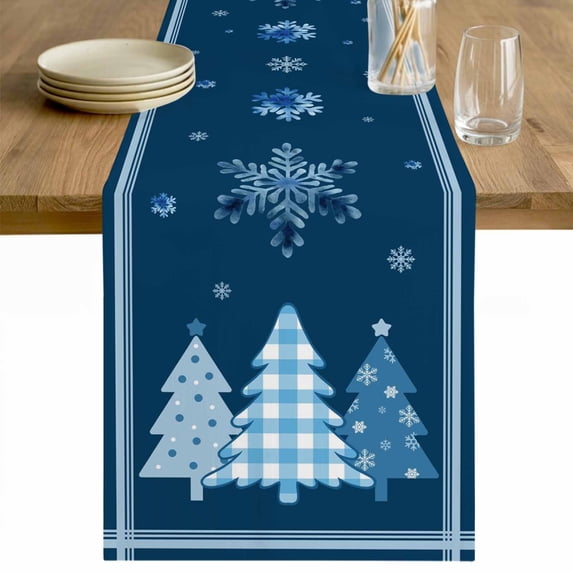 Blue Christmas Trees Table Runner 70 Inches Long Farmhouse Dress Scarves, Navy Winter Snowflakes Retro Plaid Dining Tablerunner for Coffee Table/Kitchen Island/Party Décor, 13" x 70"