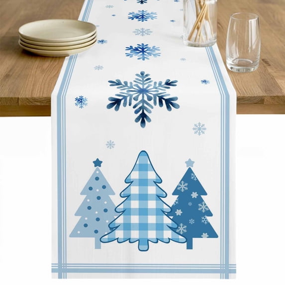 Blue Christmas Trees Table Runner 72 Inches Long Farmhouse Dress Scarves, Navy Winter Snowflakes Checkered Dining Tablerunner for Coffee Table/Kitchen Island/Party Décor, 13" x 72"