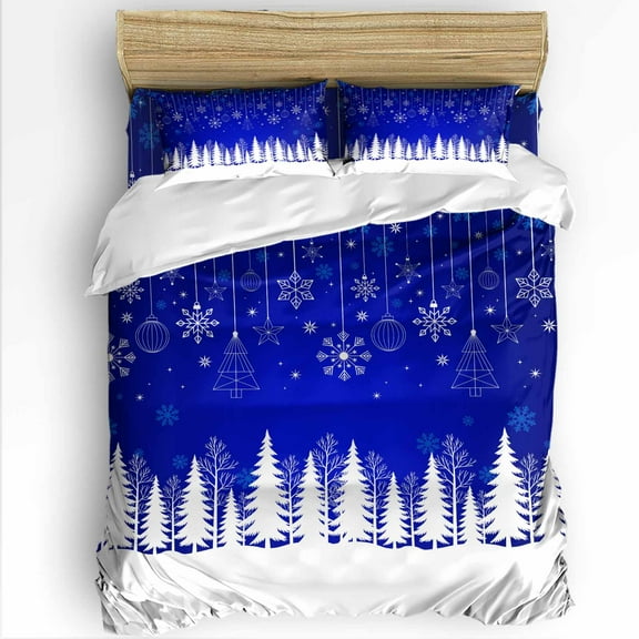 Blue Christmas Twin Size Comforter Set, Christmas Trees Snowflakes Snowy Winter Soft Bedding for All Seasons, 4 Pcs Bed Set with 1 Comforter (68"x86") ,1Sheet(66"x116"), 2 Pillowcases (19"x29")