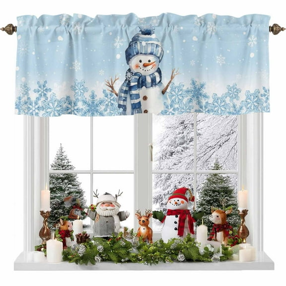 Blue Christmas Valance Curtain for Windows Snowman Striped Cap and Scarf Snowflake Curtain Valances Short Window Treatments Panels for Kitchen Bathroom Laundry Room Basement 42 x 12 Inch