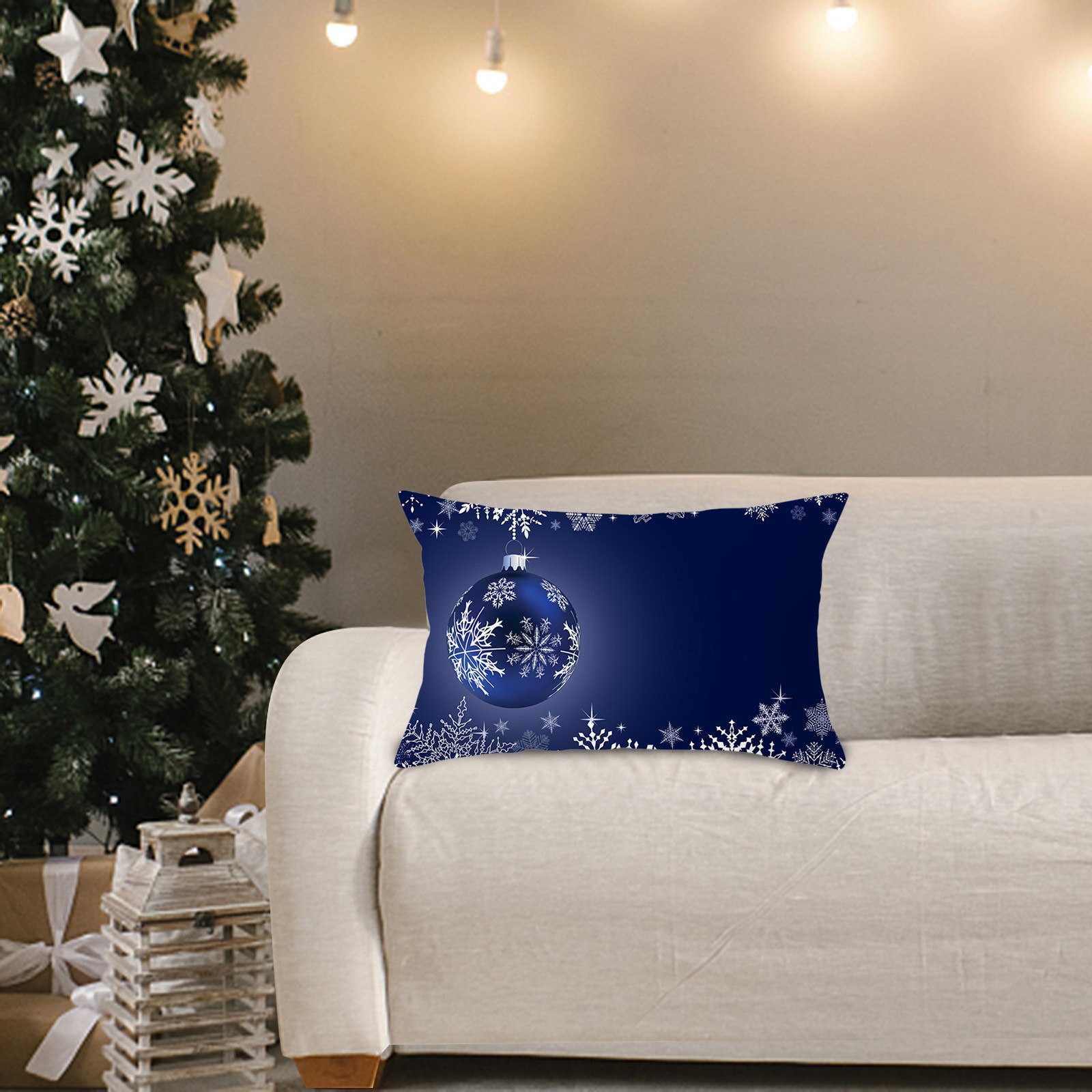 Blue Christmas Velvet Printed Lumbar Pillow Covers And Sofa Cushion