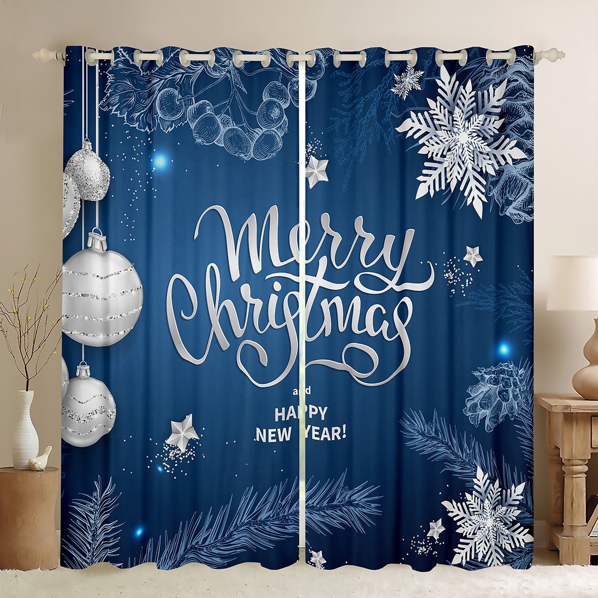 Blue Christmas Window Curtains 42"Wx90"L White Christmas Decorative