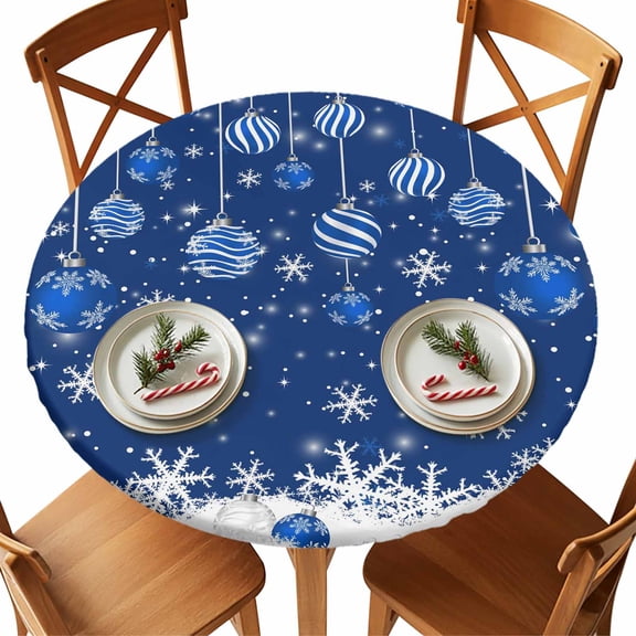 Blue Christmas Winter Snowflake Fitted Round Tablecloths Table Covers 36"-44",Waterproof Table Cloth for Kitchen Holiday Party Tables Decor