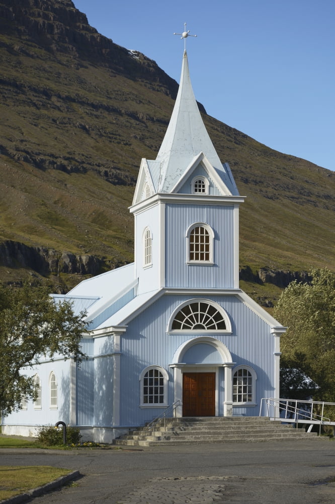Blue Church Of Seydisfjordur Seydisfjordur Eastfjords Of Iceland Iceland Canvas Art - Michael Thornton Design Pics (12 x 19)
