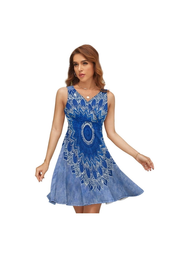 Blue Circle Floral Mandala Texture Sleeveless Dress Women Summer Evening Dresses Ladies Sundress