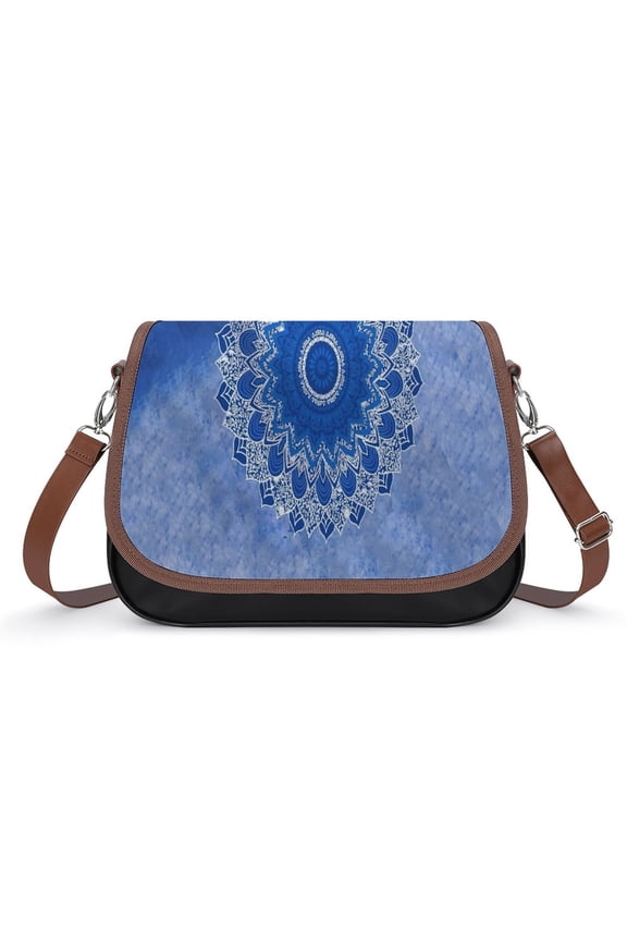 Blue Circle Floral Mandala Texture Vintage Crossbody Bag for Women Medium Leather Hobo Bags Shoulder Bag Classic City Leather Satchels