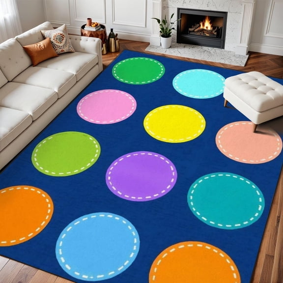 Blue Circle Seating Area Rug, Classroom Pattern Carpet, Washable Non Slip Low Pile Soft Thin, Classroom Playroom Nursery School Home Decor Mat 2x3ft