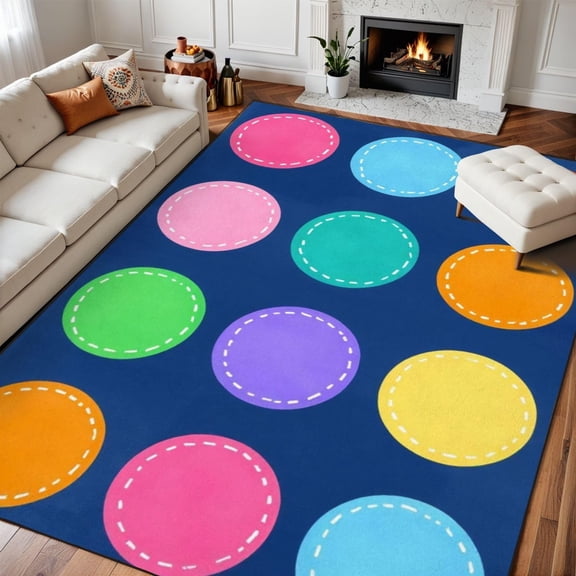 Blue Circle Seating Area Rug, Classroom Round Pattern Carpet, Washable Non Slip Low Pile Soft Thin, Classroom Playroom Nursery School Home Decor Mat 2x3ft
