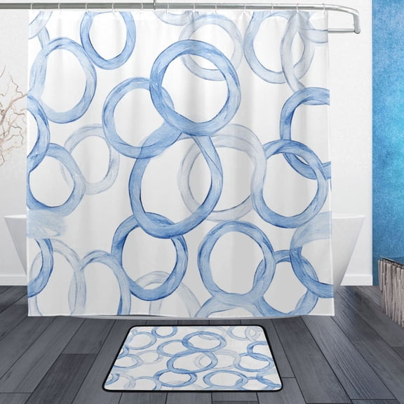 Blue Circular Patterns Bathroom Accessory Sets Waterproof Shower Curtain with Anti-Slip Bath Mat Durable Combo