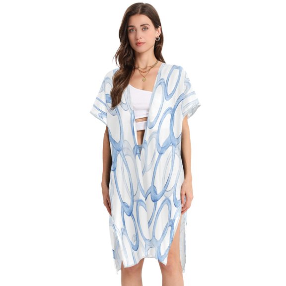 Blue Circular Patterns Women's Swimwear Cover Up Summer Cardigan Beach Pool Cover Up Loose for Swimsuits Casual Wear