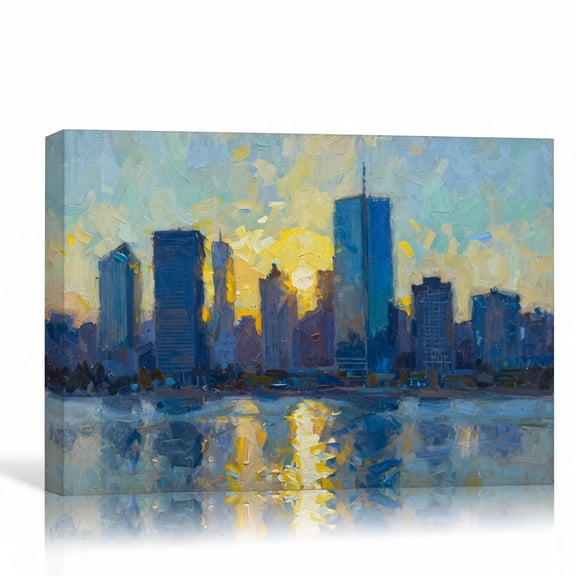 Blue City Skyline Sunset Wall Art Large Urban Canvas Print Gallery Wrapped Canvas Office Decor 36"L x 24"W