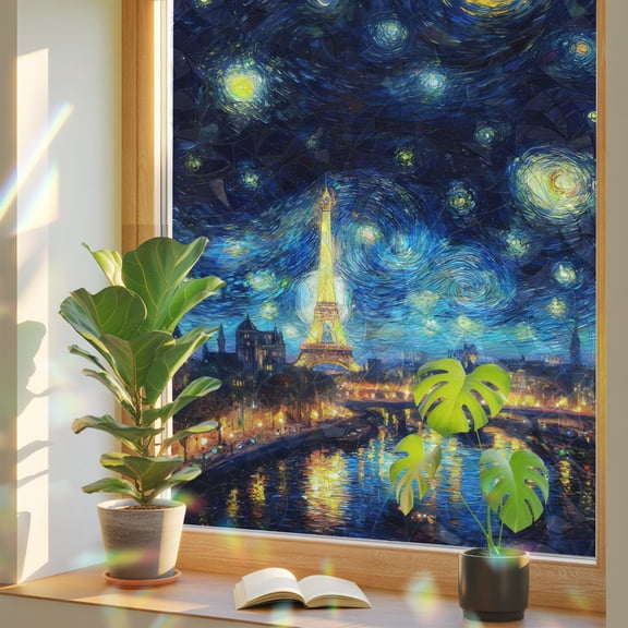 Blue City Window Privacy Film Rainbow Static Cling Stain Glass Window Film for Glass Door, Decorative UV Blocking Sunroof Decal Sticker for Car 17.7"x78.7" Modern Abstract Art Luxury Elegant