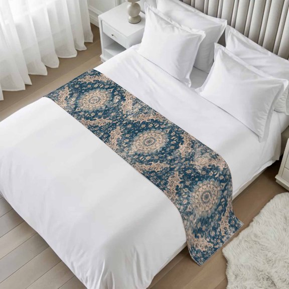 Blue Classic Bed Runner Scarf, Medieval Retro African Pattern Queen Bed Scarf Runner, No Fading Decorative Bedding Scarf for Bedroom Hotels Homes and Guestrooms