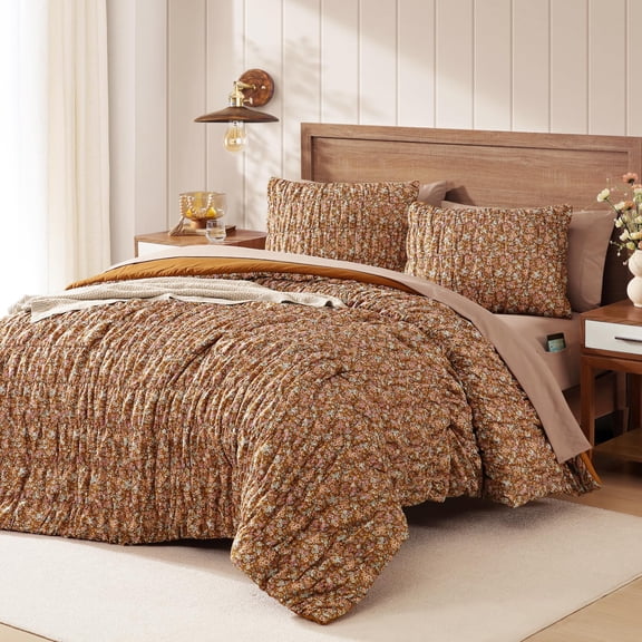 Blue Classic Puff Floral Queen Comforter Set 7 Pieces,All Seasons Shabby Chic Farmhouse Bed in a Bag,with Wildflowers Fluffy Comforter Sheets Pillowcases Shams